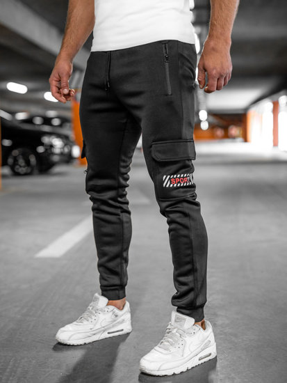 Men's Warm Cargo Sweatpants Black-Red Bolf HW2202