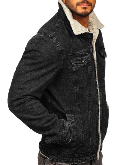 Men's Warm Denim Trucker Jacket with Furry Collar Black Bolf 1159