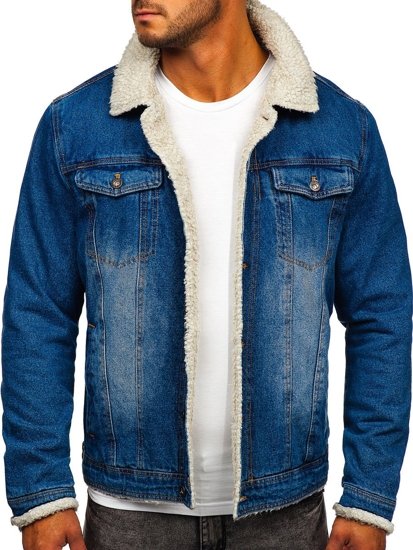 Men's Warm Denim Trucker Jacket with Furry Collar Navy Blue Bolf 1153