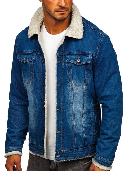 Men's Warm Denim Trucker Jacket with Furry Collar Navy Blue Bolf 1153