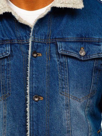 Men's Warm Denim Trucker Jacket with Furry Collar Navy Blue Bolf 1153