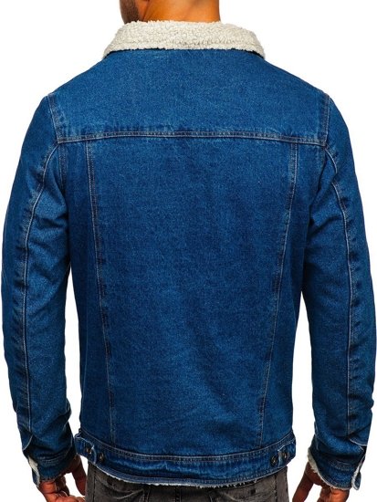 Men's Warm Denim Trucker Jacket with Furry Collar Navy Blue Bolf 1153