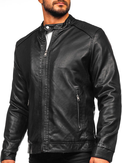 Men's Warm Leather Biker Jacket Black Bolf 92532