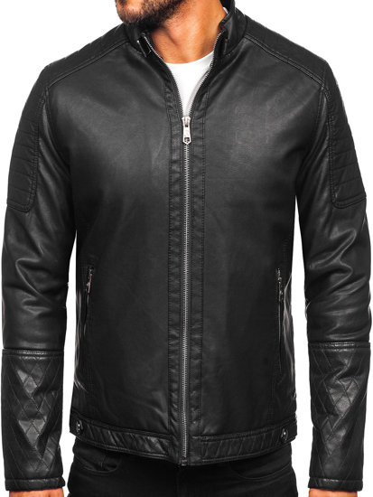 Men's Warm Leather Biker Jacket Black Bolf 92535