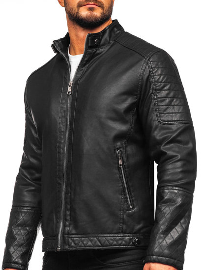 Men's Warm Leather Biker Jacket Black Bolf 92535