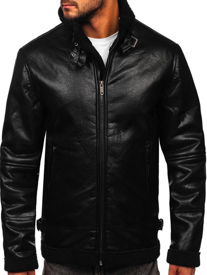 Men's Warm Leather Jacket with Sheepskin Black Bolf EX930