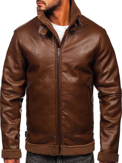 Men's Warm Leather Jacket with Sheepskin Brown Bolf EX930