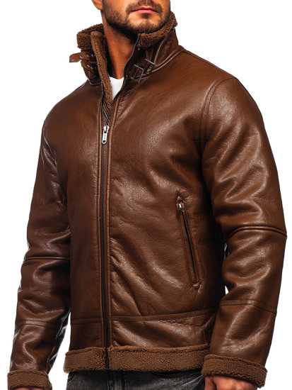 Men's Warm Leather Jacket with Sheepskin Brown Bolf EX930