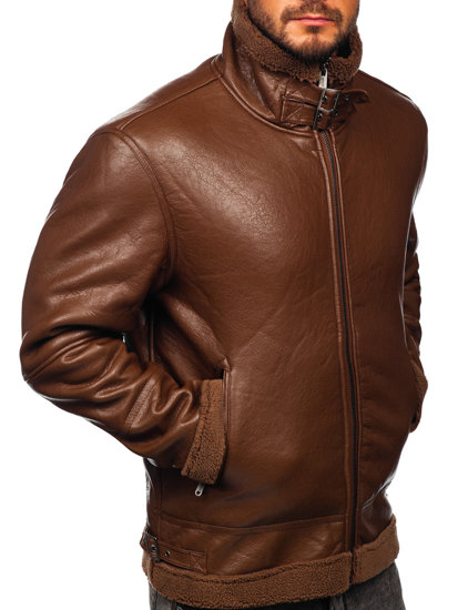 Men's Warm Leather Jacket with Sheepskin Brown Bolf EX930