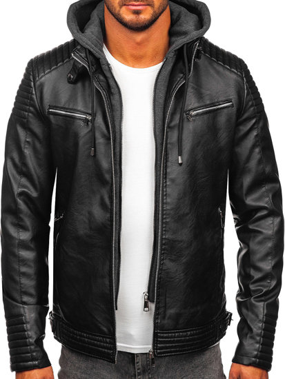 Men's Warm Leather Jacket with hood Black Bolf 11Z8063