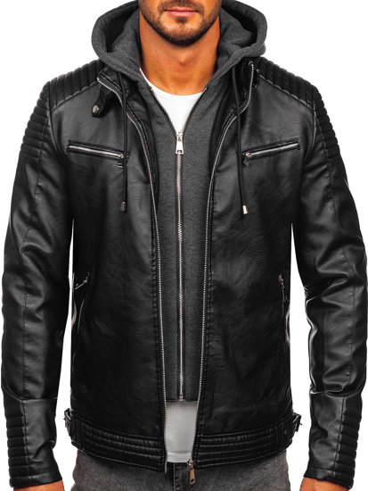 Men's Warm Leather Jacket with hood Black Bolf 11Z8063