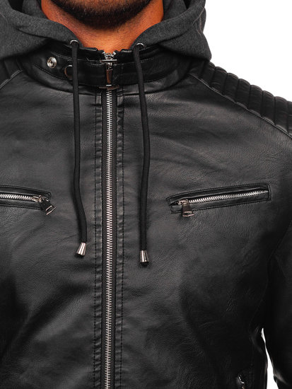 Men's Warm Leather Jacket with hood Black Bolf 11Z8063