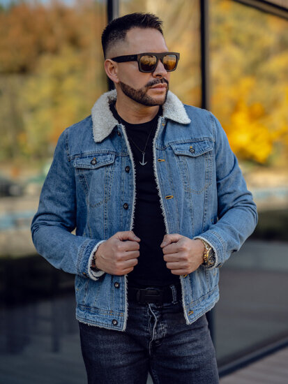 Men's Warm Trucker Denim Jacket with Furry Collar Blue Bolf 1157