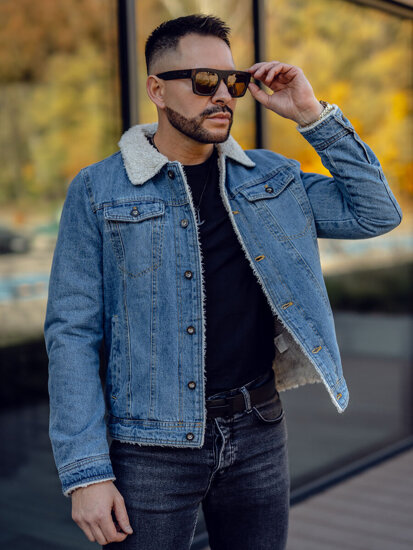 Men's Warm Trucker Denim Jacket with Furry Collar Blue Bolf 1157