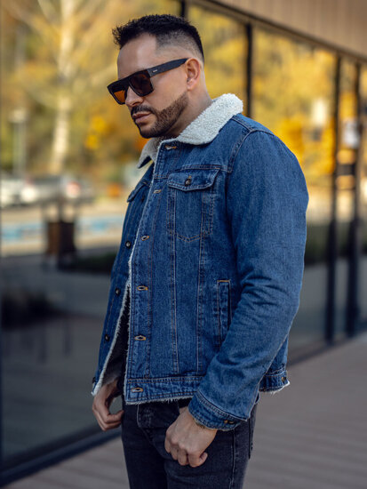 Men's Warm Trucker Denim Jacket with Furry Collar Navy Blue Bolf 1156