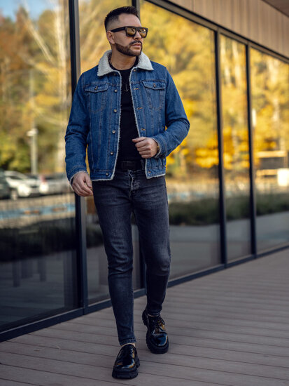 Men's Warm Trucker Denim Jacket with Furry Collar Navy Blue Bolf 1156