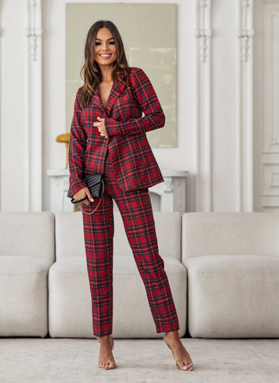 Women's Elegant 2-Piece Checkered Outfit Red Bolf 8239