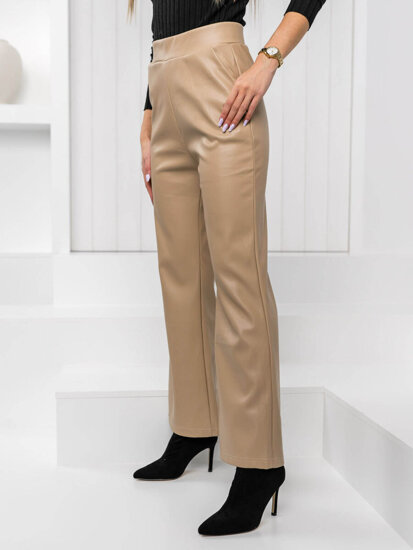 Women's Faux Leather Flared Pants Beige Bolf W7585