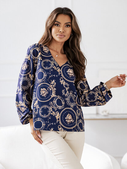 Women's Long Sleeve Patterned Shirt Navy Blue Bolf 8207