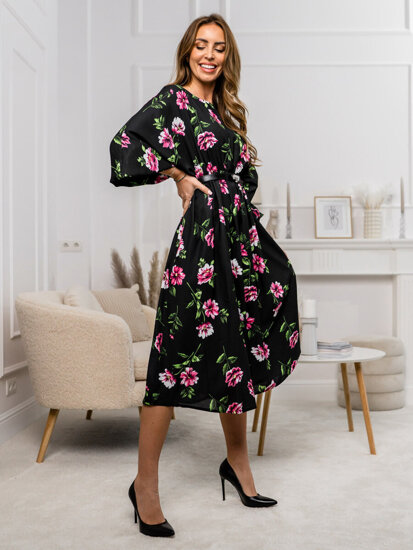 Women's Longline Floral Dress Black-Pink Bolf XY202116