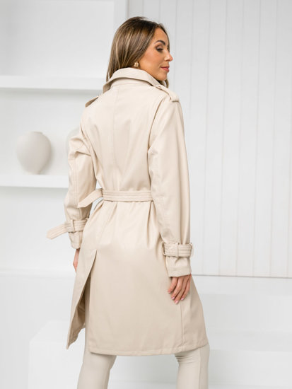 Women's Longline Leather Coat Jacket Beige Bolf 11Z8101