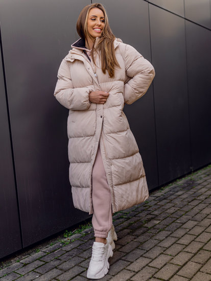 Women's Longline Quilted Coat Jacket with hood Beige Bolf R6702A