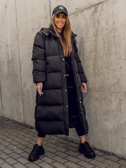 Women's Longline Quilted Coat Jacket with hood Black Bolf R6702A