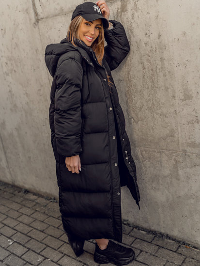 Women's Longline Quilted Coat Jacket with hood Black Bolf R6702A