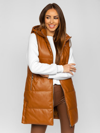 Women's Longline Quilted Faux Leather Gilet Brown Bolf AY756