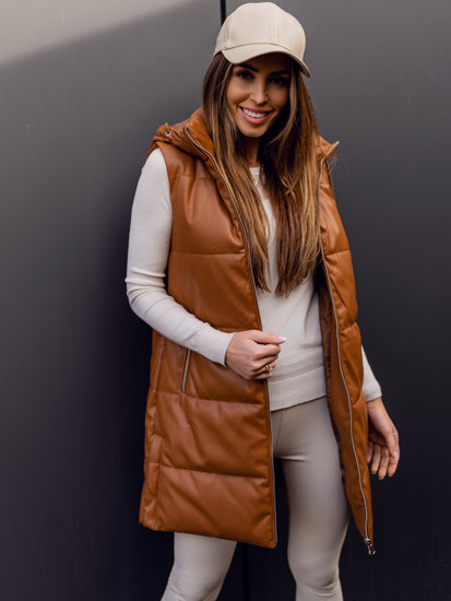 Women's Longline Quilted Faux Leather Gilet Brown Bolf AY756