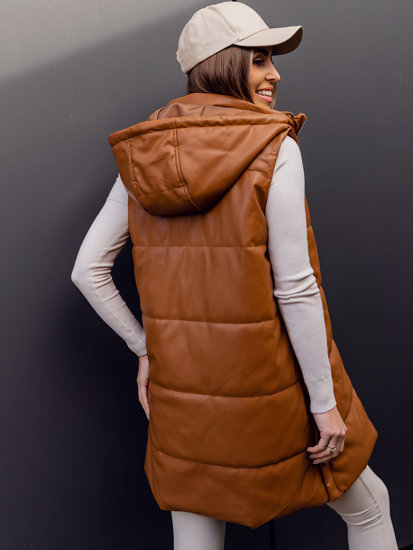 Women's Longline Quilted Faux Leather Gilet Brown Bolf AY756