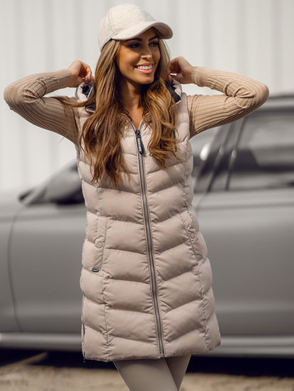 Women's Longline Quilted Gilet with Hood Beige Bolf 7048