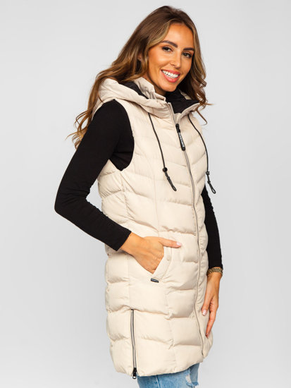 Women's Longline Quilted Gilet with Hood Beige Bolf 7048