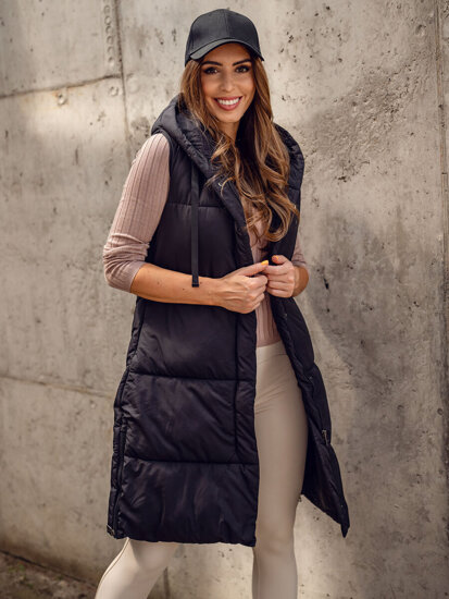 Women's Longline Quilted Gilet with hood Black Bolf 16M9093A