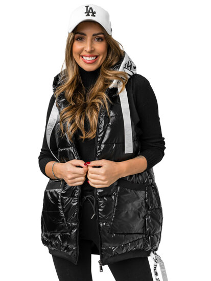 Women's Longline Quilted Gilet with hood Black Bolf 16M9115