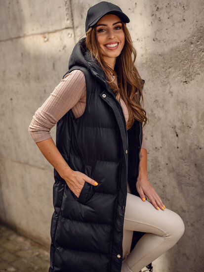 Women's Longline Quilted Gilet with hood Black Bolf 5M728A