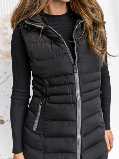 Women's Longline Quilted Gilet with hood Black Bolf 7040A1