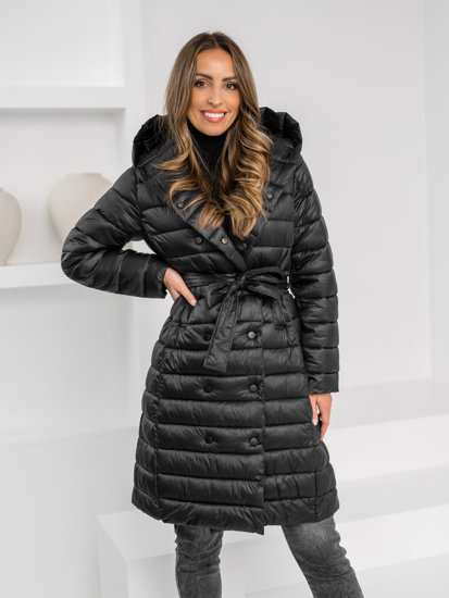 Women's Longline Quilted Lightweight Jacket with hood Black Bolf 5M3159