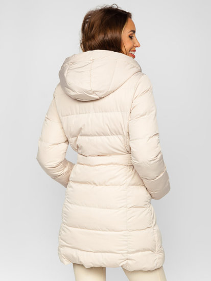 Women's Longline Quilted Winter Coat Jacket with Hood Beige Bolf 7086