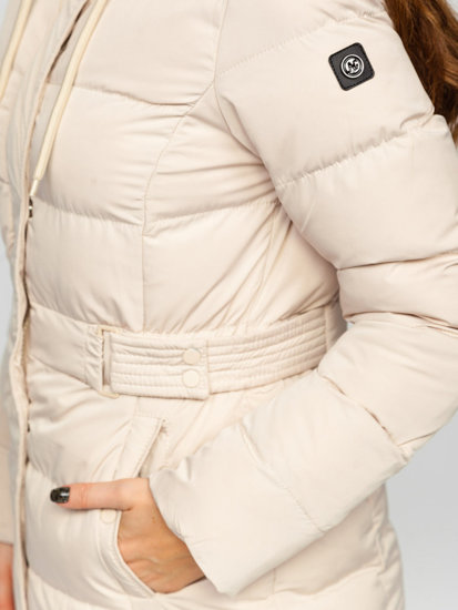 Women's Longline Quilted Winter Coat Jacket with Hood Beige Bolf 7086