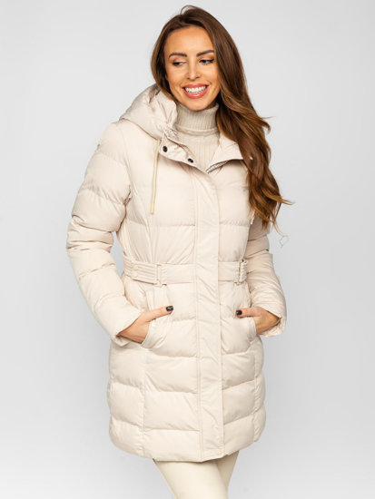 Women's Longline Quilted Winter Coat Jacket with Hood Beige Bolf 7086