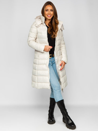 Women's Longline Quilted Winter Coat Jacket with Hood Beige Bolf MB0276