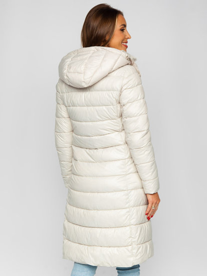 Women's Longline Quilted Winter Coat Jacket with Hood Beige Bolf MB0276