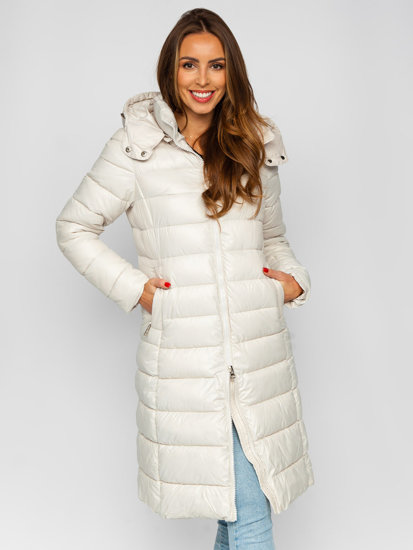 Women's Longline Quilted Winter Coat Jacket with Hood Beige Bolf MB0276