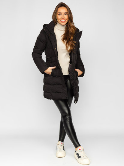 Women's Longline Quilted Winter Coat Jacket with Hood Black Bolf 7086