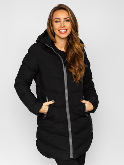 Women's Longline Quilted Winter Coat Jacket with Hood Black Bolf 7089