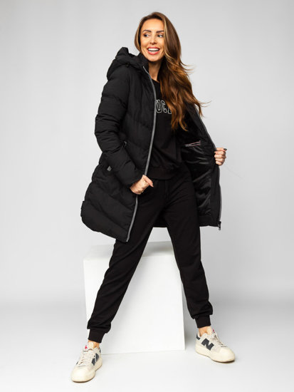 Women's Longline Quilted Winter Coat Jacket with Hood Black Bolf 7089