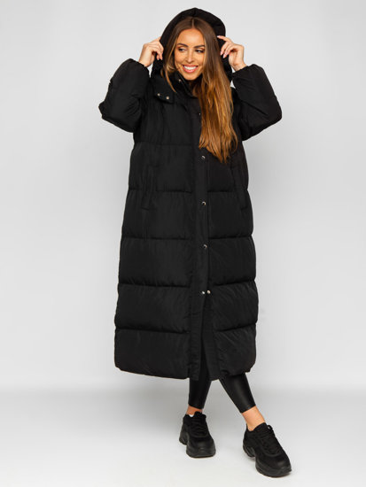 Women's Longline Quilted Winter Coat Jacket with Hood Black Bolf R6702