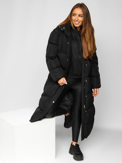 Women's Longline Quilted Winter Coat Jacket with Hood Black Bolf R6702