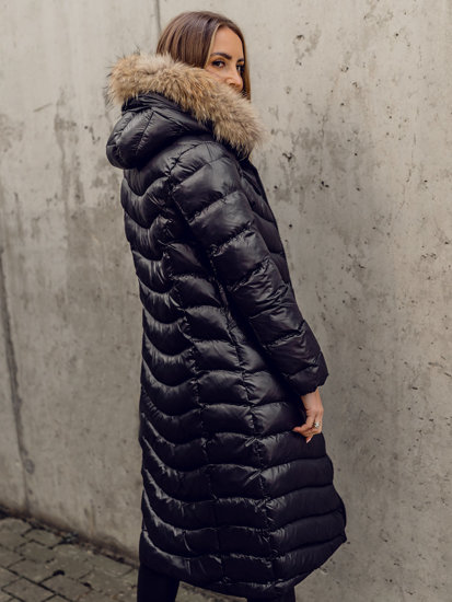 Women's Longline Quilted Winter Coat Jacket with Natural Fur Black Bolf M699